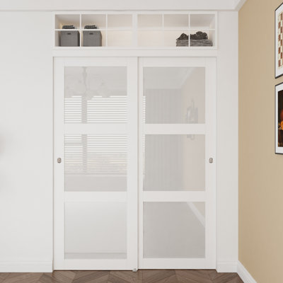 Porte de garde-robe coulissante en verre givré 3-Lite blanc 60 x 80 incluant toute la quincaillerie de porte de garde-robe coulissante