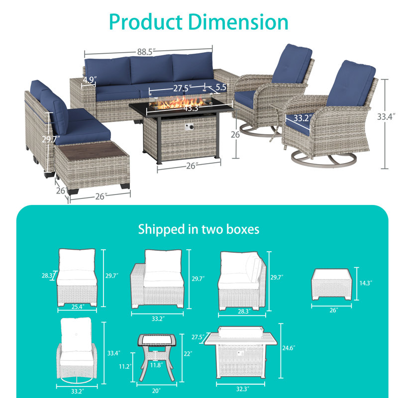 Muphyers 10-Piece Outdoor Patio Furniture Set with Rocking Swivel Chair , PE Wicker Rattan Sectional Sofa Patio Conversation Set with 55,000 BTU Fire Pit Table & Coffee Table