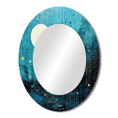 Teal And Black Minimalism Moon II - Blue Oval Wall Mirror Decor