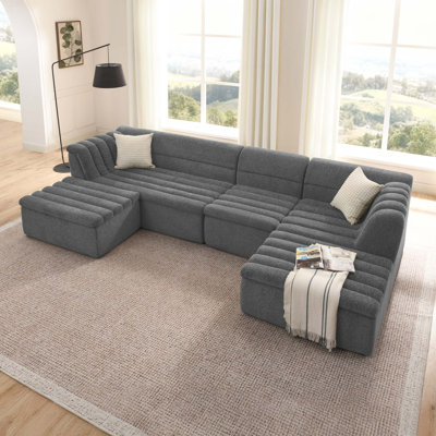 135" U-Shaped Modular Sectional Sofa with Chaise and Movable Ottoman for Living Room, Chenille Upholstered Boneless Couches with Wave-Shaped Armrest, No Pillows Included