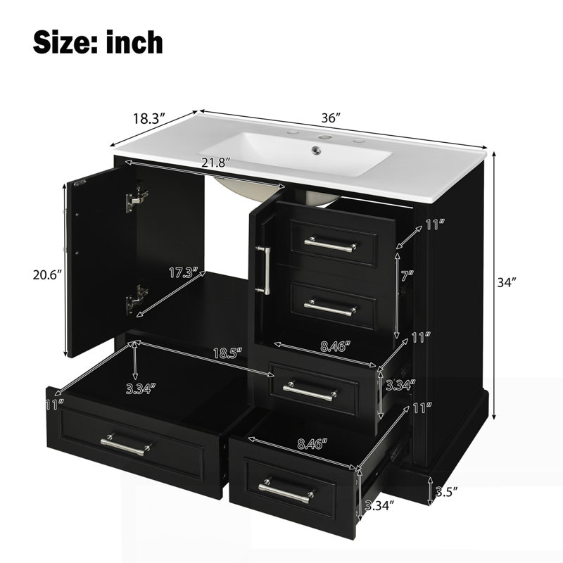 Meuble-lavabo traditionnel 36 "avec lavabo en céramique, Noir