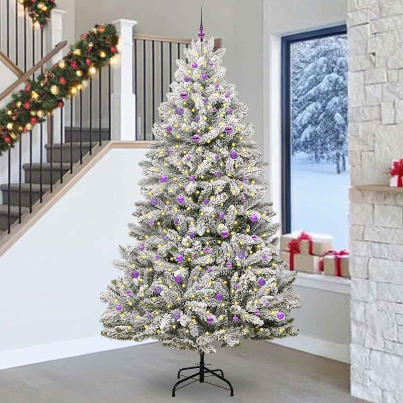 Artificial Christmas Tree Green and White PVC and Metal, Green/White, 180 cm, with Leds & Lilac Balls
