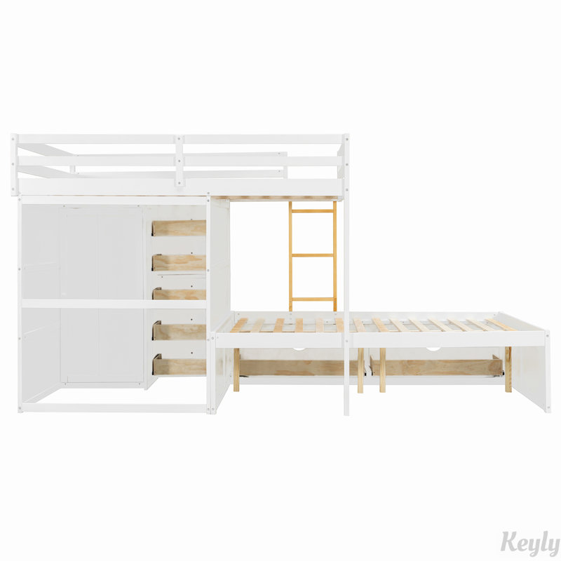 Lit double avec tiroirs multiples et mini garde-robe, panneau de fibres à densité moyenne et bois massif, conception de rangement moderne pour les enfants et les adolescents
