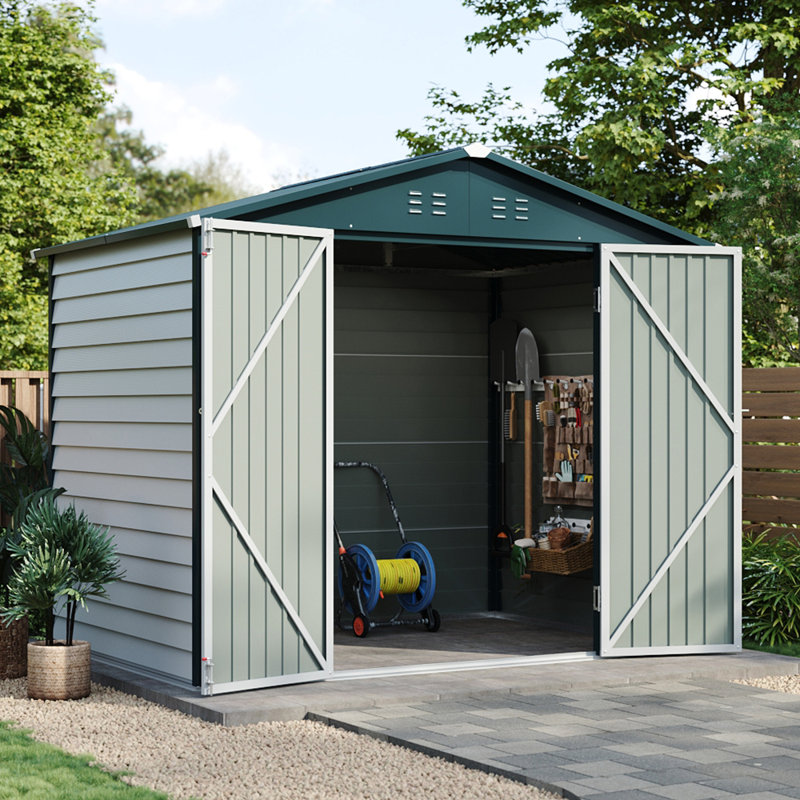 8x5.7FT Metal Apex Roof Garden Storage Shed, White/Green