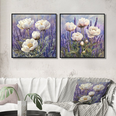 Pivoines dans le champ de lavande I - art mural pivoines - décoration murale traditionnelle 2 pièces