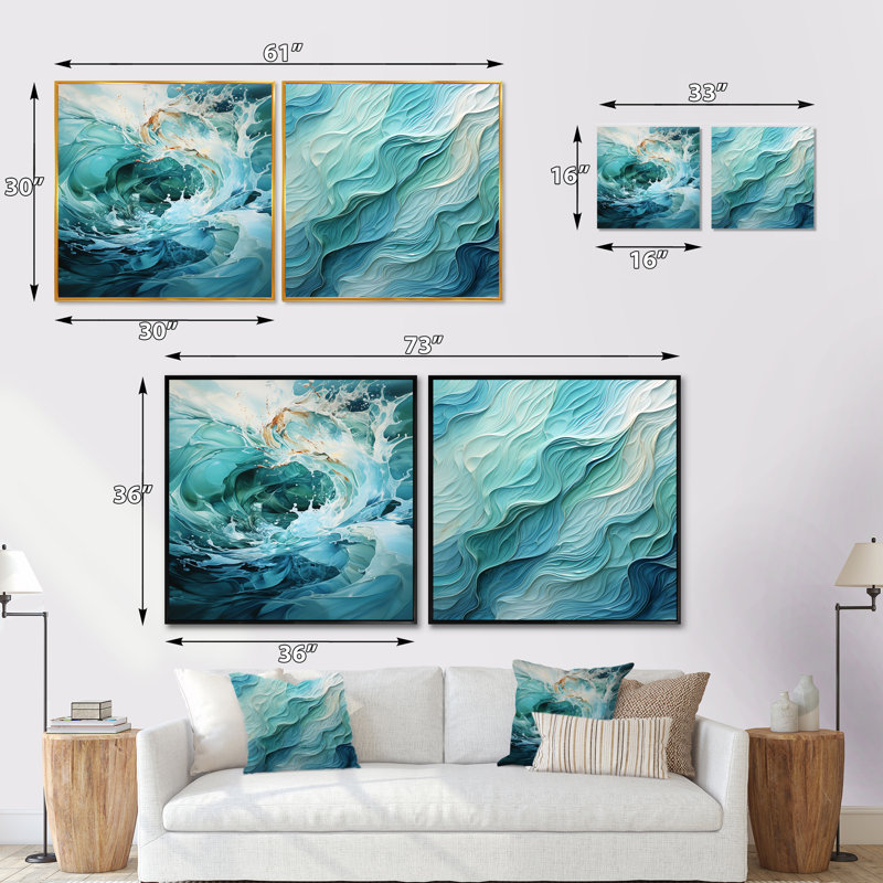 Aqua Blue And White Serenity Swirl - Abstract Square Collage Set Of 2, Black Floater Framed, 16" H x 33" W
