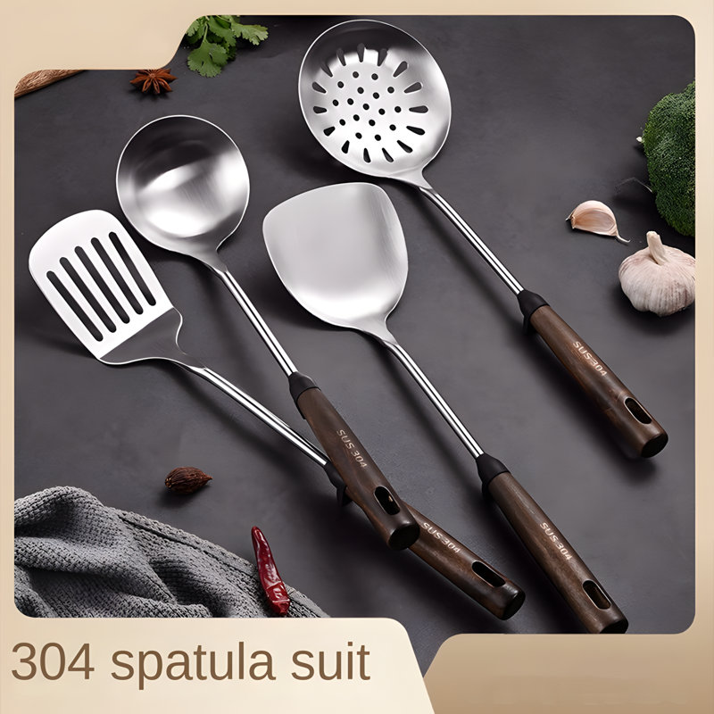Ensemble d'ustensiles de cuisine en acier inoxydable avec poignée en bois - Spatule de cuisine durable 304 et cuillère rainurée pour faire sauter et servir