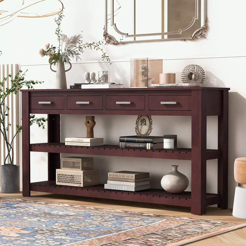 Console en bois avec 4 tiroirs et 2 tablettes, Brun