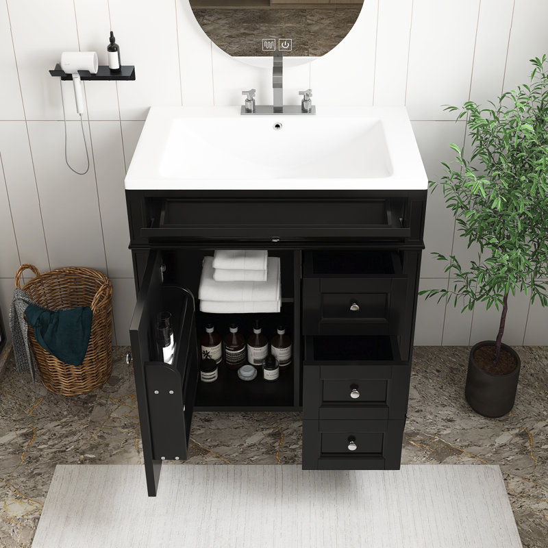 Meuble-lavabo noir avec lavabo supérieur, meuble-lavabo moderne avec 2 tiroirs et un tiroir basculant, meuble-lavabo simple