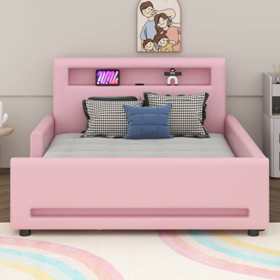 Upholstered Platform Bed With Drawer, LED Light, Storage Drawer
