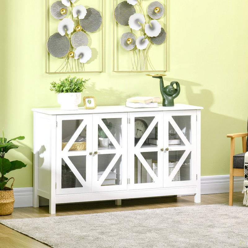 Buffet, buffet avec 4 portes en verre trempé et tablette de rangement réglable, crédence, White