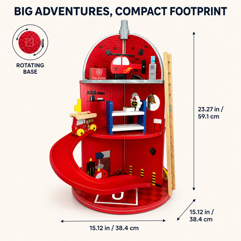 Teamson Kids 3-Story Wooden Fire Station Playset, Red Rotating Hydrant-Shaped Firehouse Pretend Play Set with 24 Pretend Play Figurines