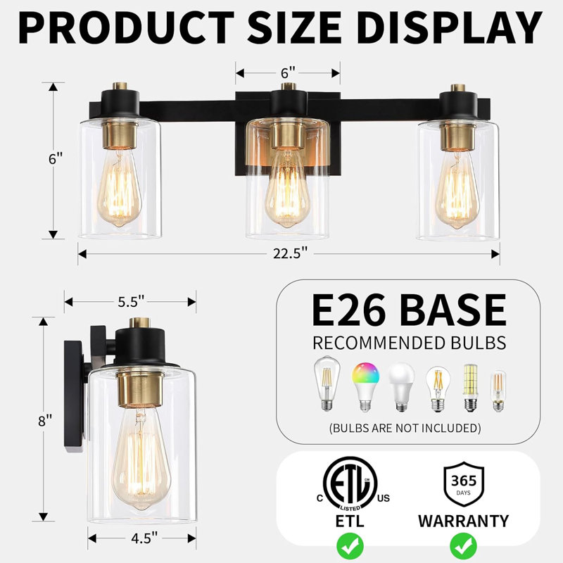 22.5" Large Bathroom Vanity Light Fixture - 3-Light Black And Gold Wall Sconce With Clear Glass Shade For Farmhouse, Modern, And Traditional Spaces