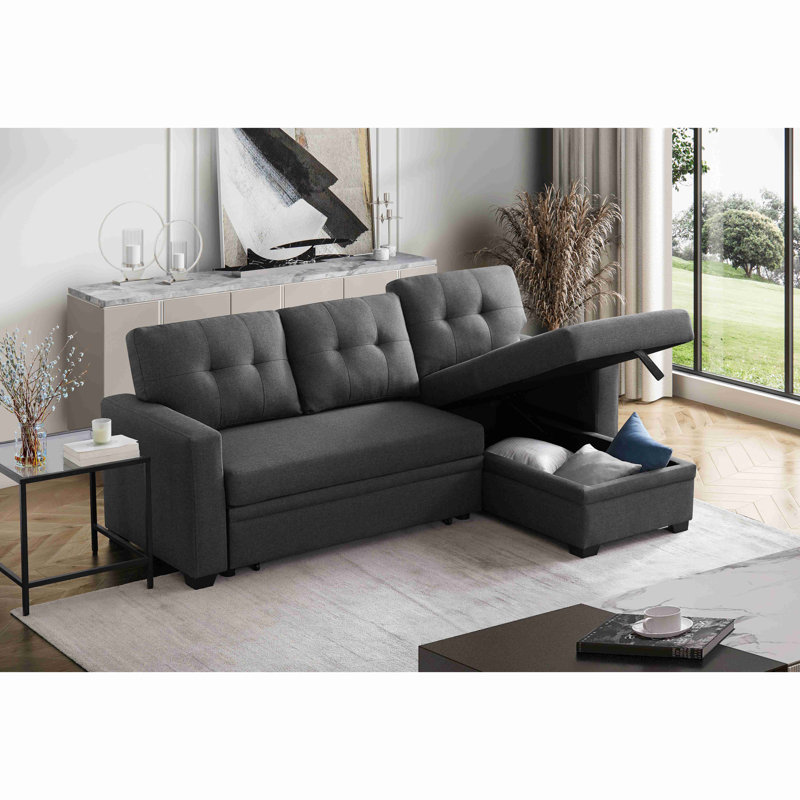 Convertible Upholstered Sectional Sofa With Pull-Out Chaise, Dark Grey