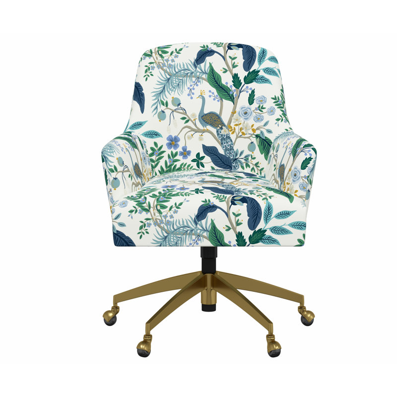Chaise de bureau avec base Yvette, Bleu paon et lin blanc RPC, Or brossé