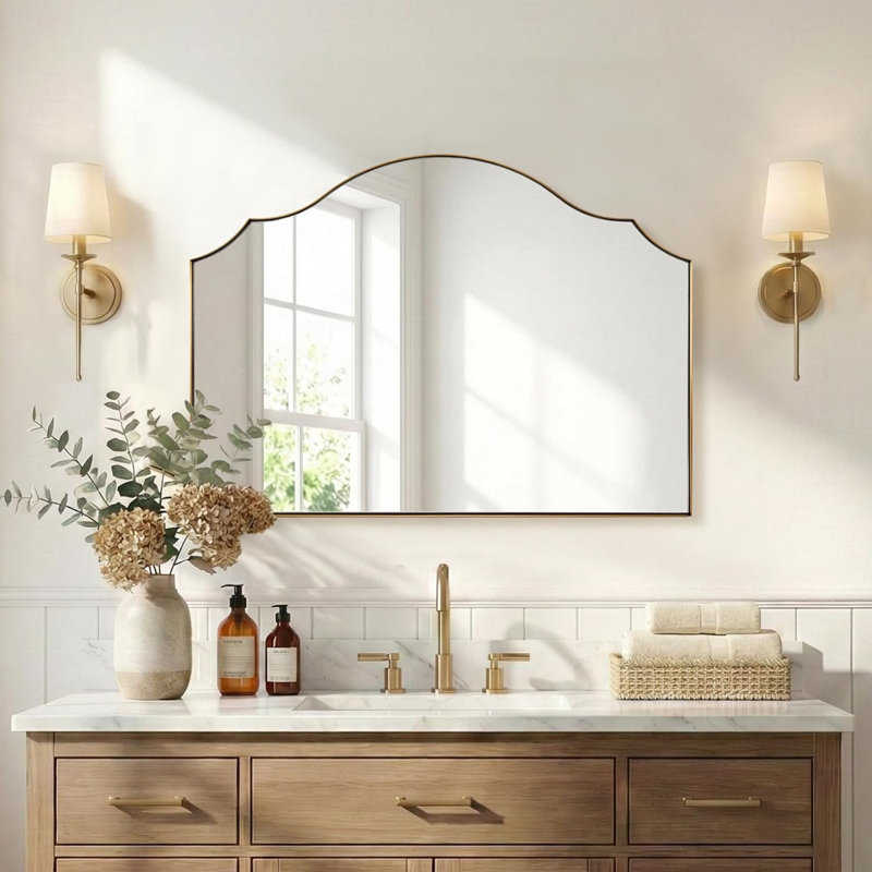 Scalloped Arch Bathroom Vanity Mirror with Curved Top | Stainless Steel Frame, Brushed Gold, 26" x 36"