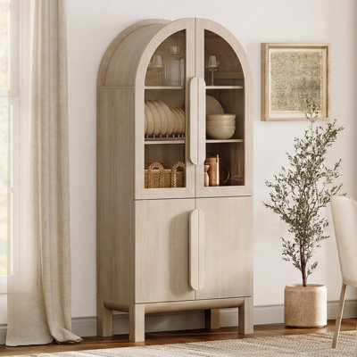 71" Tall Arched Kitchen Pantry Cabinet, Wood Bookcase Display Cabinet With Glass Doors And Adjustable Shelves, Mid-Century Modern Versatile Cupboard For Dining Room, Bedroom