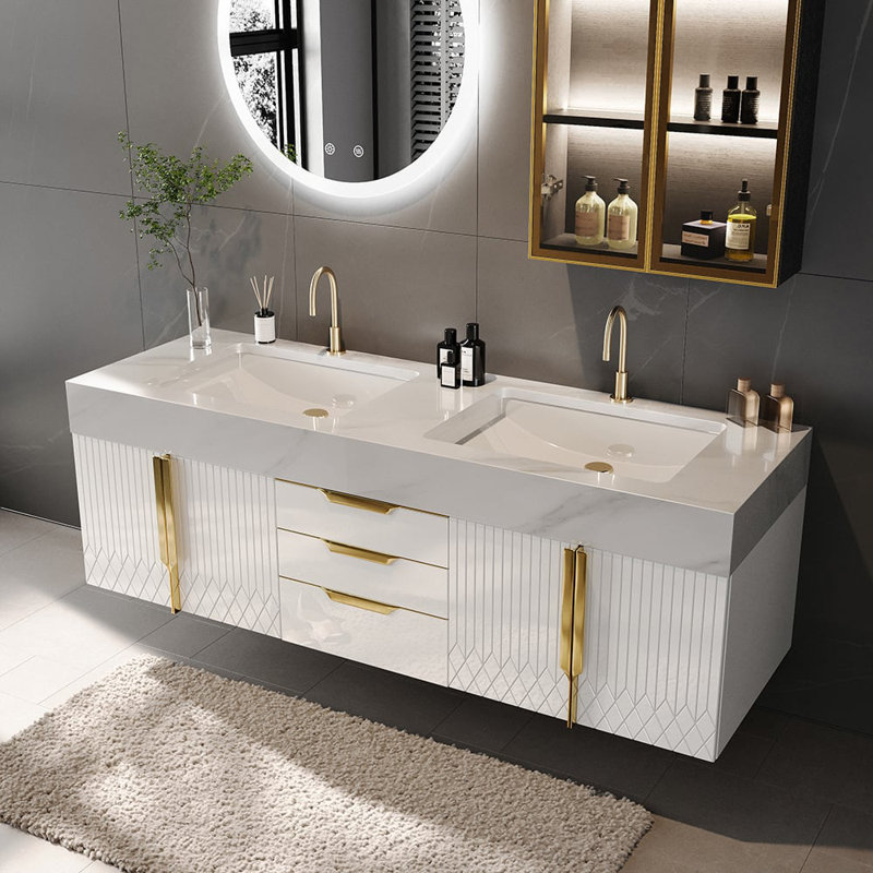 Ensemble de meuble-lavabo flottant moderne 59 "avec lavabo Aro Series, "" Blanc / Or ""