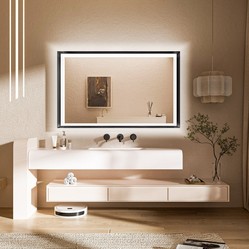 Miroir de salle de bain DEL rétroéclairé New Rockford, 48 po x 36 po, Noir, Rectangulaire