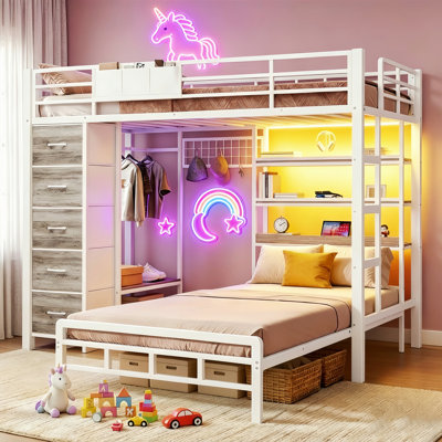 Bunk Bed Twin Over Twin with Hall Tree and Storage Bookcase Shelves Headboard