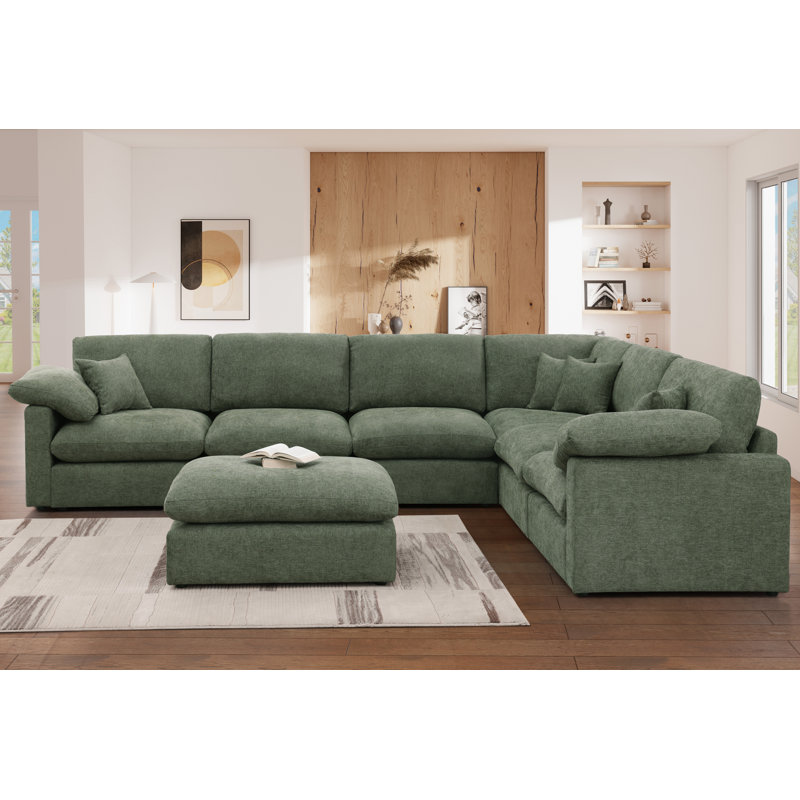 Reversible 7-Piece Corner Sectional Couch, Chenille Cloud Sofa With Removable Ottoman, Green Chenille