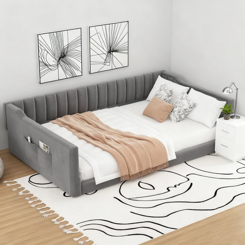 Upholstery Daybed and Side Storage pocket, Gray, Full