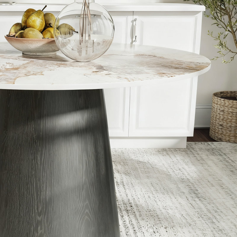 Small 43" Round Dining Modern Kitchen Table For 2/4 With Sintered Stone Top, Brown, White Sand