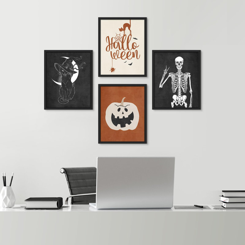 «Halloween with Hat Skeleton Cat Pumpkin», impression sur papier 4 pièces, H 10 po x l 8 po, Noir