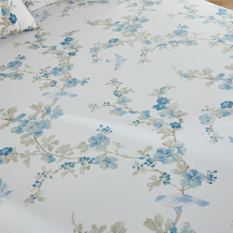 100% Egyptian Cotton Fitted Sheet Set, 4pcs 800 Thread Count Luxury Blue Watercolor Floral Bedding Set, For Bedroom Guest Room Student Dorm All Seasons
