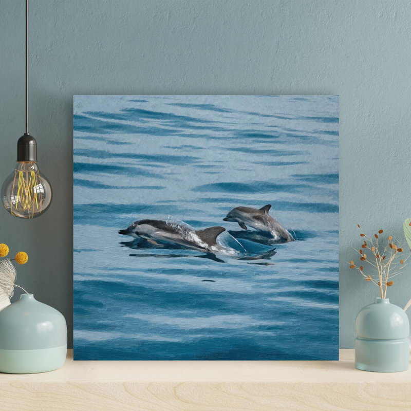Deux dauphins dans l'eau - peinture sur toile tendue, L 32 po x H 32 po