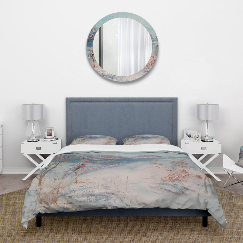 Ensemble de housse de couette Winter Trees River and Birds - Lake House - Microfibre de polyester