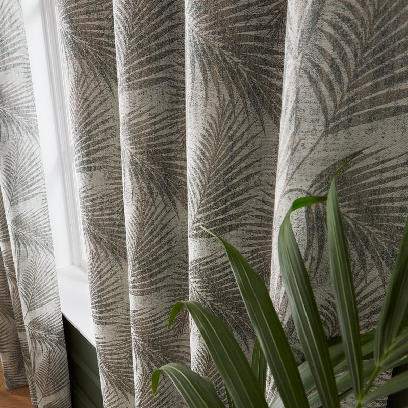 Tamra Palm Lined Eyelet Curtains Semi Sheer Curtain Pair, Green, 90.16cm Width x 183cm Drop