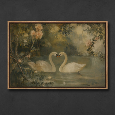 Romantic Swan Pair Garden Lake Vintage Bedroom Decor Framed Print Wall Art