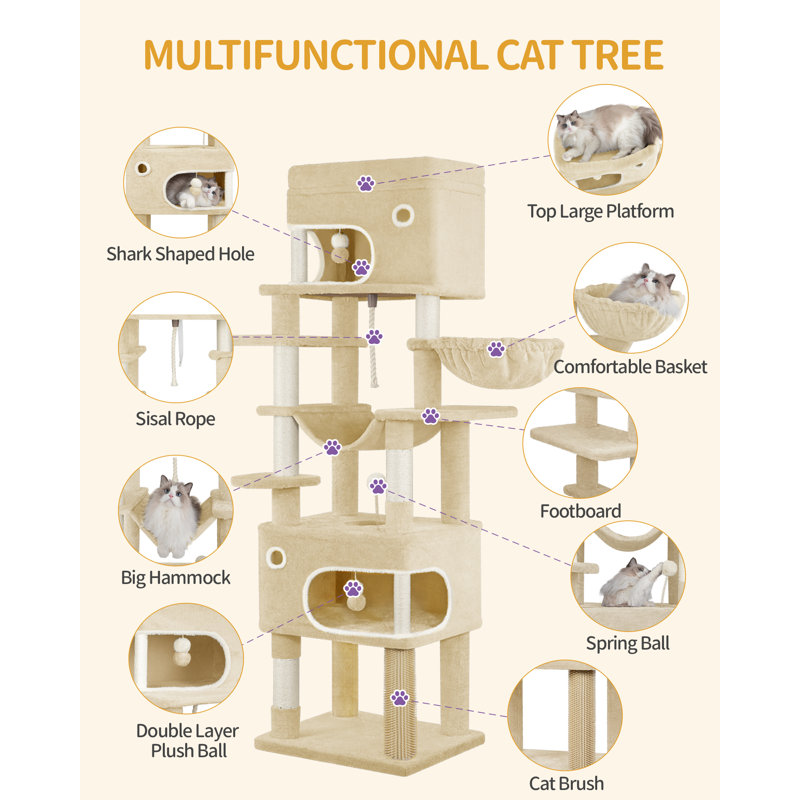 Cat Tree for Indoor Cats, Multi-layer Scratching Post with Large Platform, 2 Caves, 7 Sisal Posts, Pompoms, Cat Basket, Hammock, Suitable for Cats