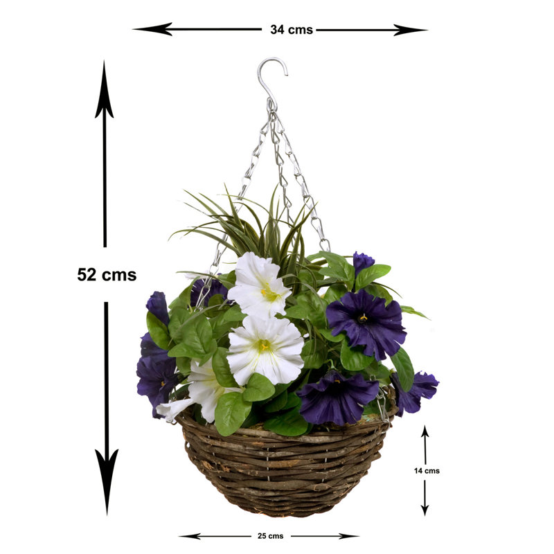 GrrenBrokers 2 x Artificial Petunias Rattan Hanging Baskets (52cm/20in), Dark Purple/White
