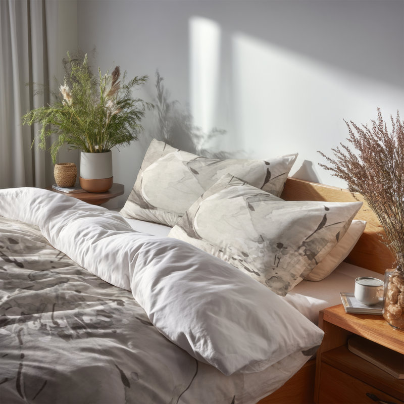 Ensemble de housse de couette à imprimé floral Indigold Grey Pivoines III, Housse de couette double / grand et 2 taies