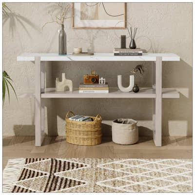 Élégante console étroite avec plateau en marbre et rangement polyvalent, parfaite pour les couloirs et les vestibules.