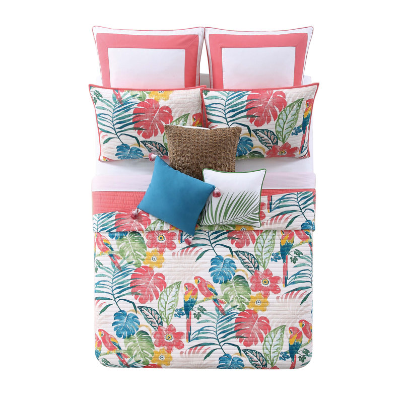 Ensemble de courtepointe Paradise Coral / bleu / vert / jaune Coastal, Courtepointe pour très grand lit + 2 tailles déc