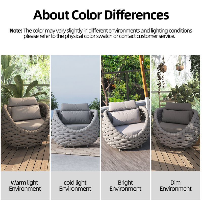 Pingel PVC-Coated Polyester Rope Aluminum Frame Outdoor Lounge Chair for Cabin Proch Deck Balcony Poolside Garden, Light Gray