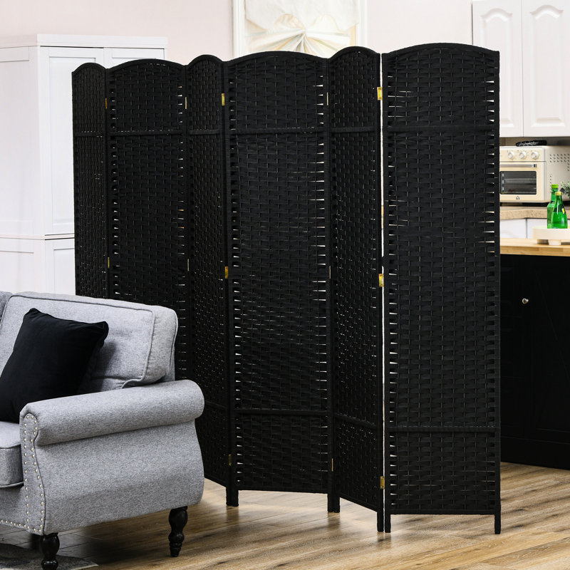 Paravent de 5,6 pi de hauteur, paravent pliable 6 panneaux. Noir pour la chambre à coucher et le bureau personnel. Cloison autoportante avec captation tissée à la main et cloison supérieure arquée, écran. Bureau, chambre à coucher.