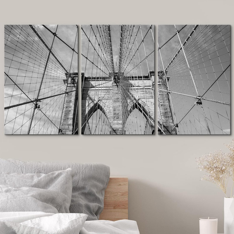 Pont de Brooklyn, New York, États-Unis, en noir et blanc, photographie d'art moderne encadré, Toile tendue, H 36 po x l 72 po