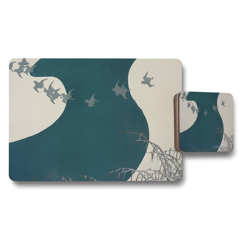Teal Moonlit Birds Placemat And Coaster Set For Dining Tables
