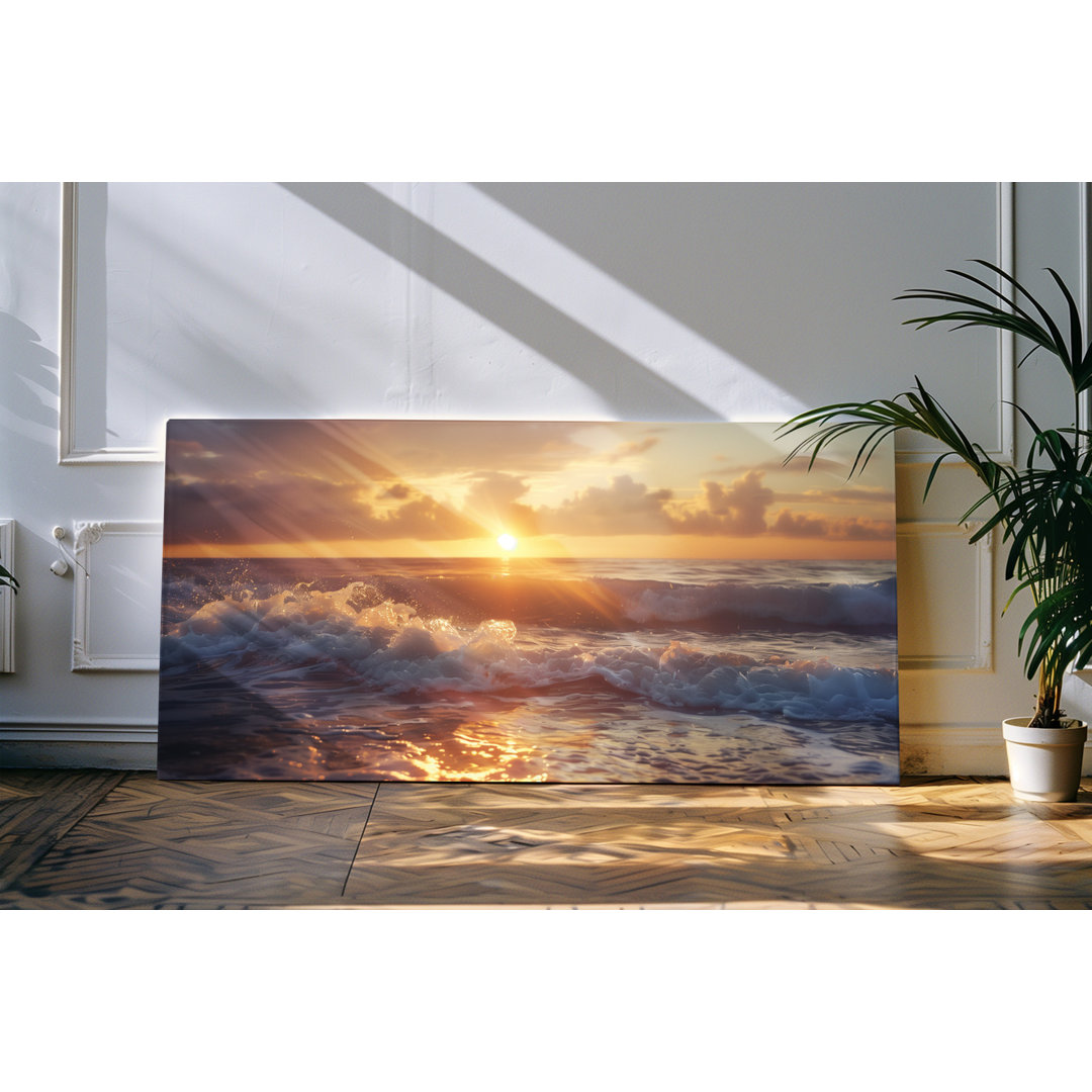 Leinwandbild gerahmt 120x60cm Abendrot Meer Wellen Wasser Natur Horizont