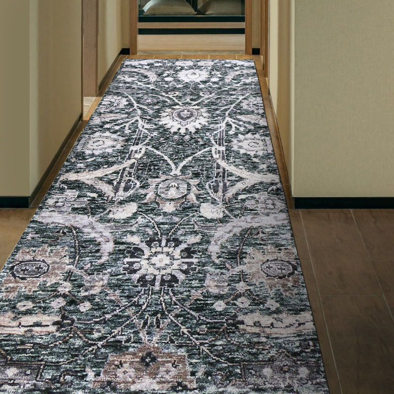 Hand Knotted Damask Area Rug in Black/White/Brown, Runner 2'6" x 6'