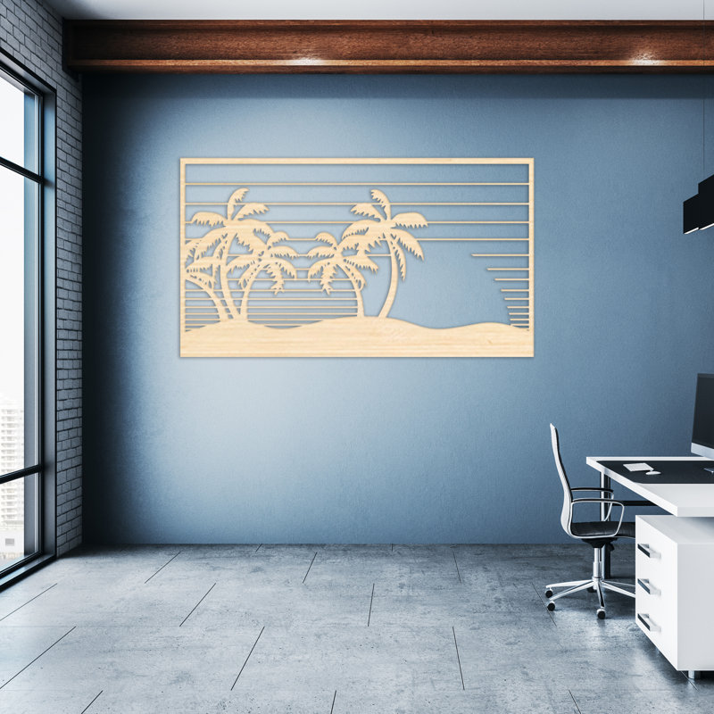 Art mural rectangulaire avec palmiers et lignes - ACM, H 18 po x l 32 po x P 0,25 po, Blanc