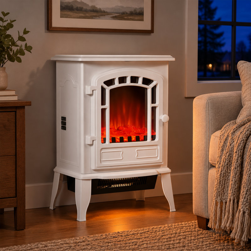 Foyer électrique sur pied, poêle à bois avec effet de flamme 3D réaliste, protection contre la surchauffe et le basculement, 750 W/1500 W pour des espaces de 20 m² - Blanc