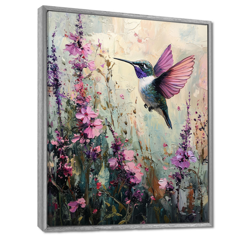 Art sur toile, "Hummingbird In The Wildflowers II", Argent argent, Reproduction avec cadre flottant, H 20 po x l 12 po