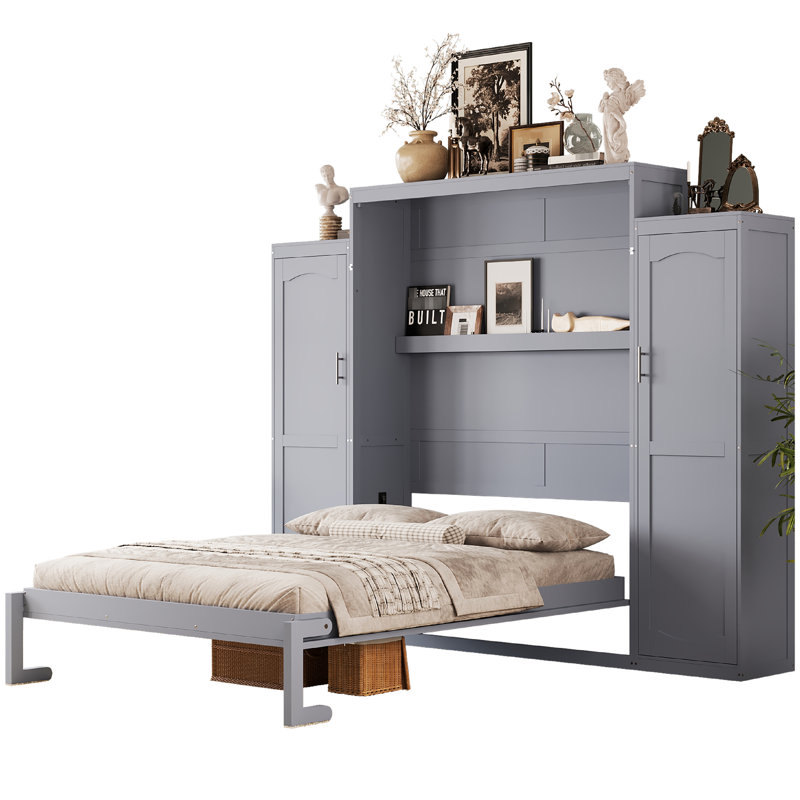 Lit grand format - Structure de lit multifonctionnelle grise avec 2 garde-robes et tablette de rangement, bois pliable pour la chambre à coucher, plateforme agencée