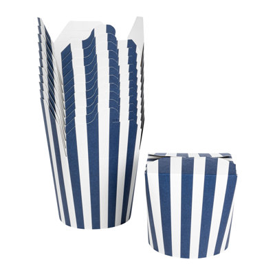 Restaurantware-Bio Tek 4 x 3.4 x 3.7 Inch Food Containers, 200 Noodle Takeaway Boxes - Disposable, Striped, Blue And White Paper 26 Ounce Take Out Boxes, Round, For Hot Or Cold Foods
