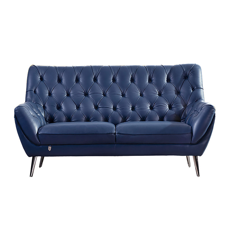 Causeuse à accoudoirs évasés en cuir véritable 65 po Bodell, Cuir véritable bleu marine